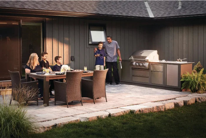 Napoleon Built-In 500 Series 32-inch Gas Grill features premium stainless steel construction with integrated trim for seamless outdoor kitchen integration.