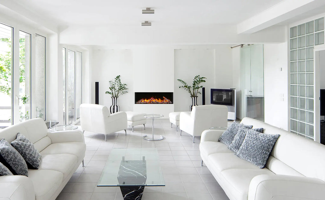 Remii BAY-SLIM 3 Sided Electric Fireplace - sleek corner design with vibrant multi-colored flame presentation, adjustable LED lights, and ambient canopy lighting for customizable ambiance.