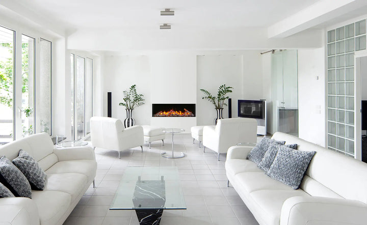 Remii BAY-SLIM 3 Sided Electric Fireplace - sleek corner design with vibrant multi-colored flame presentation, adjustable LED lights, and ambient canopy lighting for customizable ambiance.