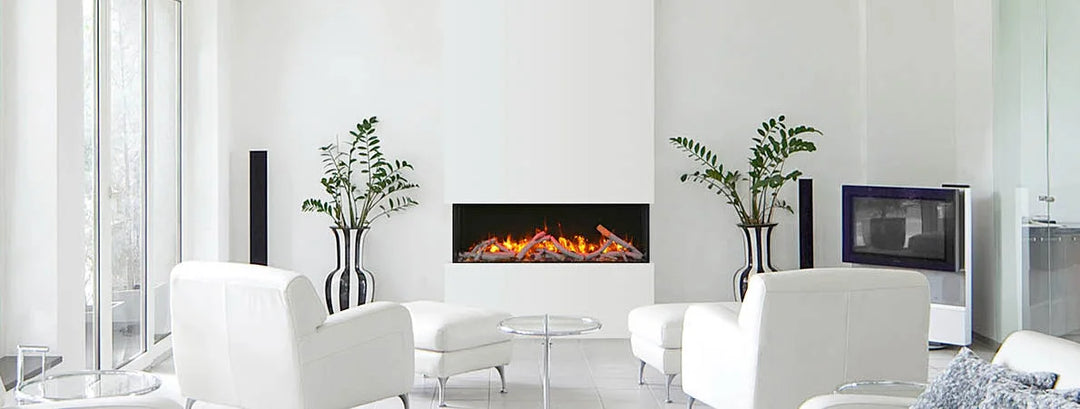 Amantii True View Slim Smart 30-72" Electric Fireplace featuring a sleek 3-sided glass design, vibrant multi-colored flames, and ambient canopy lighting for customizable ambiance.