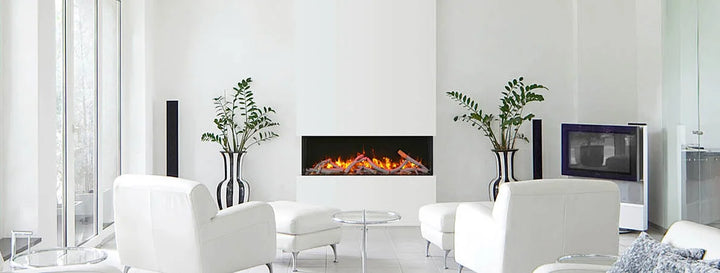 Amantii True View Slim Smart 30-72" Electric Fireplace featuring a sleek 3-sided glass design, vibrant multi-colored flames, and ambient canopy lighting for customizable ambiance.