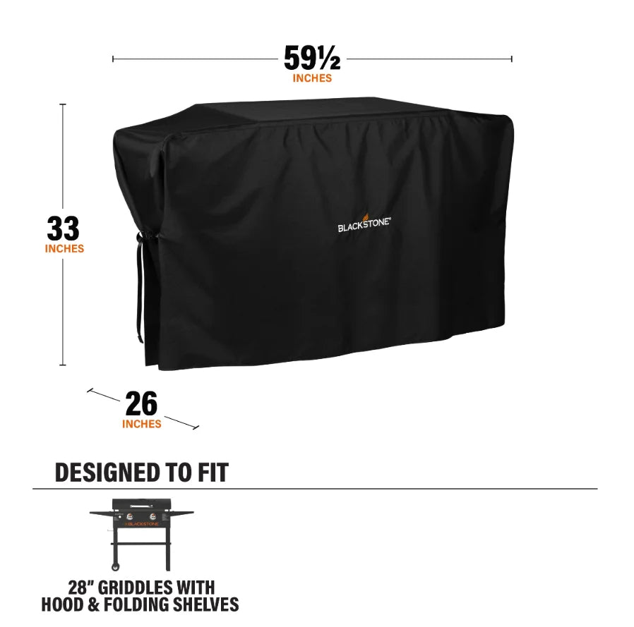 Blackstone 28-Inch Griddle Cover, custom fit for Blackstone 28" griddles with hood, features heavy-duty weather-resistant materials and secure side buckles for reliable all-season protection.