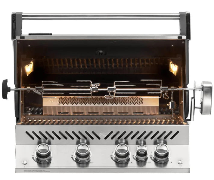 Napoleon Prestige Pro 500 Built-In Gas Grill Head features high-grade stainless steel construction, polished chrome accents, and iconic WAVE cooking grids for even heat distribution and superior sear marks.