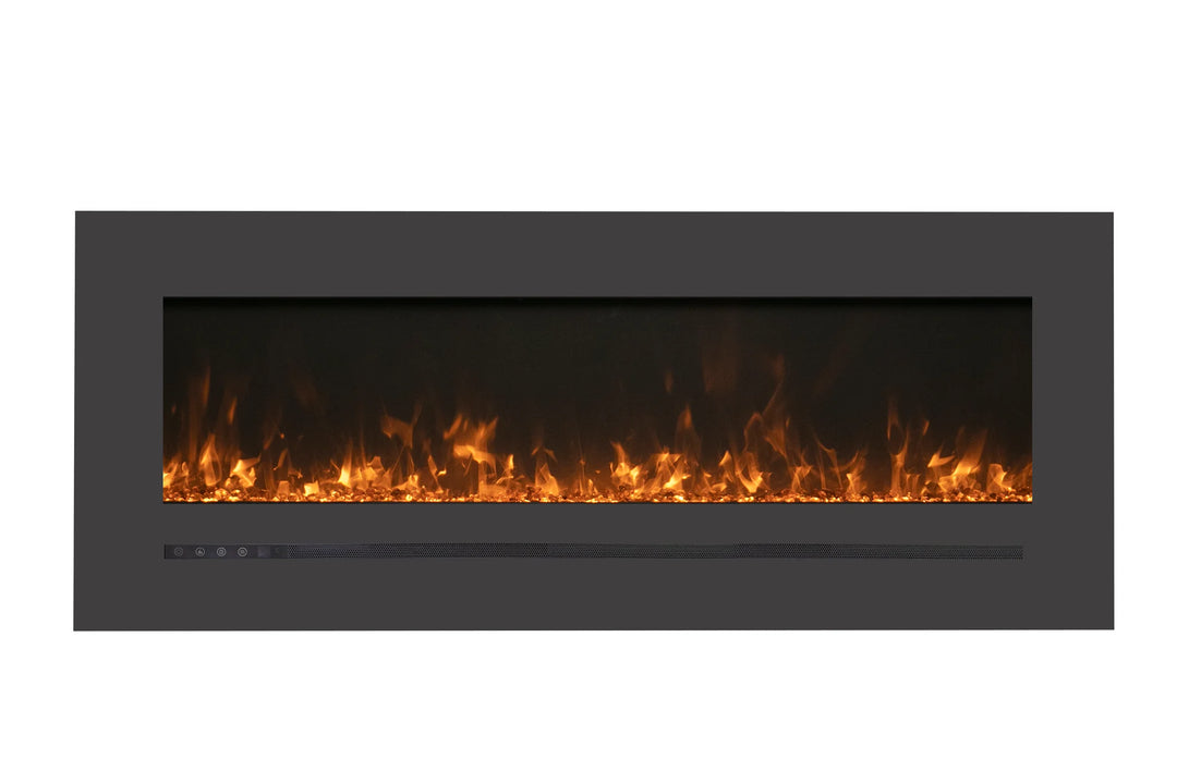 Amantii WM-FML-STL Linear Electric Fireplace features deep charcoal steel surround with touchpad and numerical temperature display.