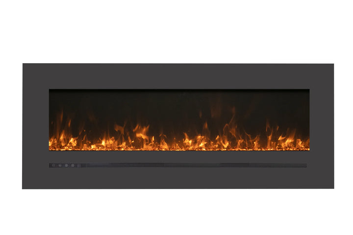 Amantii WM-FML-STL Linear Electric Fireplace features deep charcoal steel surround with touchpad and numerical temperature display.