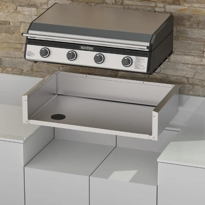 Blackstone 36" Drop-in Griddle Insulating Jacket, premium 304 stainless steel construction, shields combustible materials from high heat, water drainage system, cable/utility routing port, and substructure support ensure safe outdoor cooking experience.