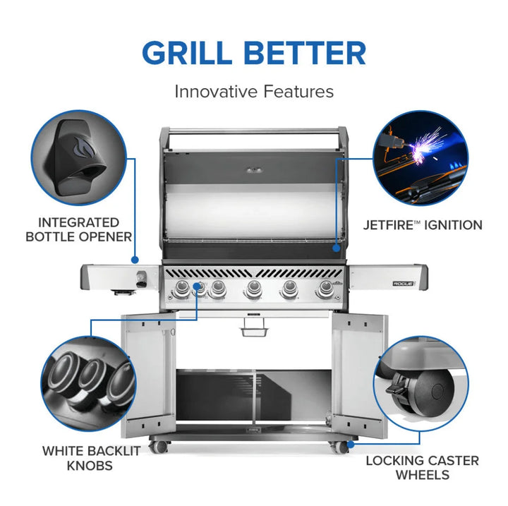 Napoleon Rogue PRO 625 SIB gas grill features six burners, including an integrated infrared side burner, stainless steel finish, and WAVE cooking grids for even heat distribution.