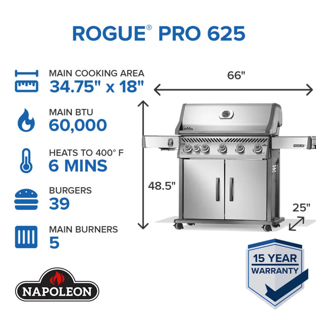 Napoleon Rogue PRO 625 SIB grill features stainless steel finish, six burners, infrared side burner, WAVE cooking grids for even heat distribution.