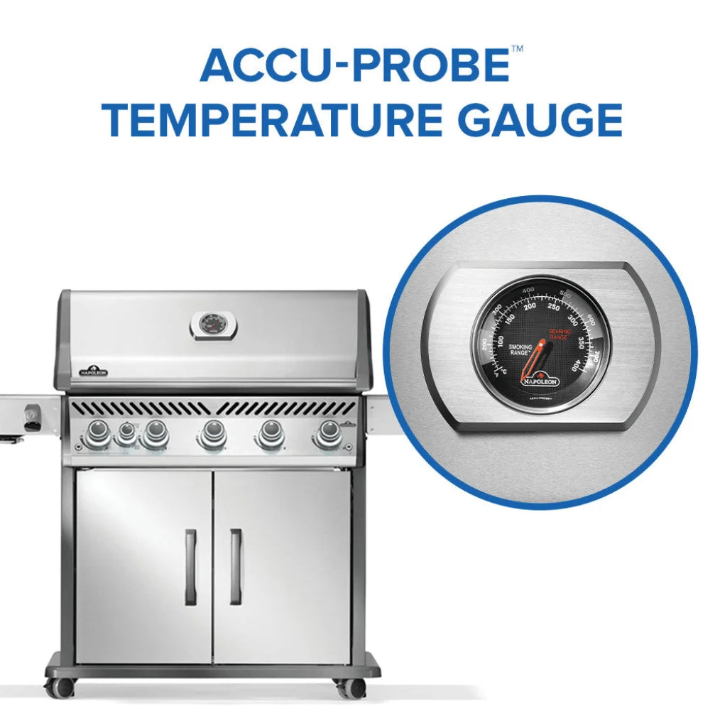 Napoleon Rogue PRO 625 SIB Gas Grill features six stainless steel burners, including an infrared side burner for versatile outdoor cooking, WAVE cooking grids for even heat distribution, and LED control knobs for safe nighttime operation.