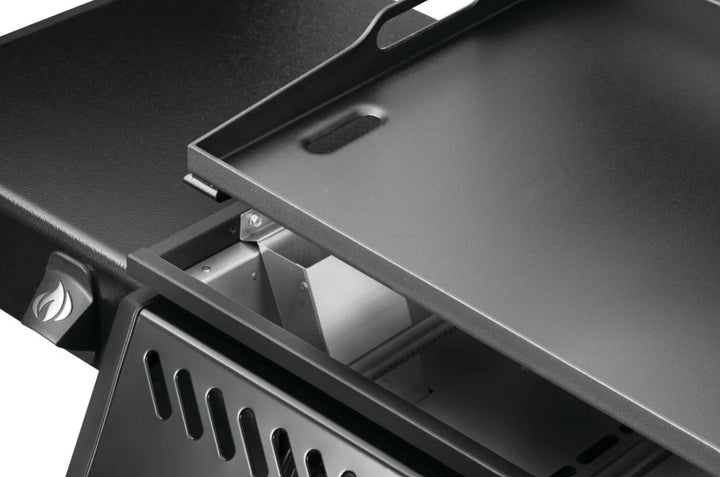 Napoleon 24" Freestyle Non-Stick Griddle features pre-seasoned steel cooktop with non-stick performance, three burners delivering 25,200 BTUs of heat and folding side shelves for convenient grilling.
