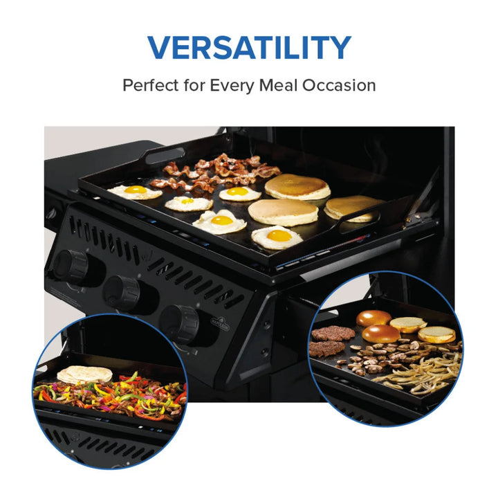 Napoleon 24" Freestyle Non-Stick Griddle features three burners delivering up to 25,200 BTUs of powerful heat across its 400 sq.in. cooking area, with a pre-seasoned steel cooktop and folding side shelves for convenient grilling in any space.
