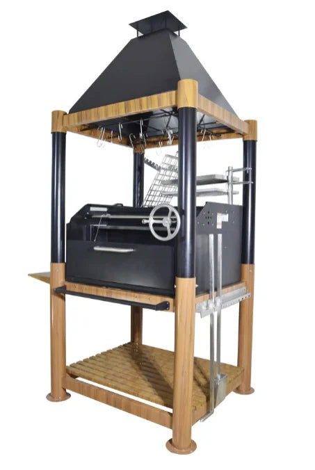 Tagwood 'The Beast' Santa Maria Style Grill - Wood & Black: heavy-duty black cold-rolled steel construction with premium 304 stainless steel cooking surfaces, featuring six distinct cooking zones and an integrated brasero firebox for fast wood or charcoal ignition.