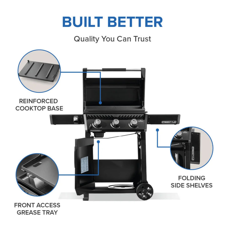 Napoleon 24" Freestyle Non-Stick Griddle features a pre-seasoned steel cooktop with natural non-stick performance, three burners delivering up to 25,200 BTUs of heat and folding side shelves for convenient grilling.
