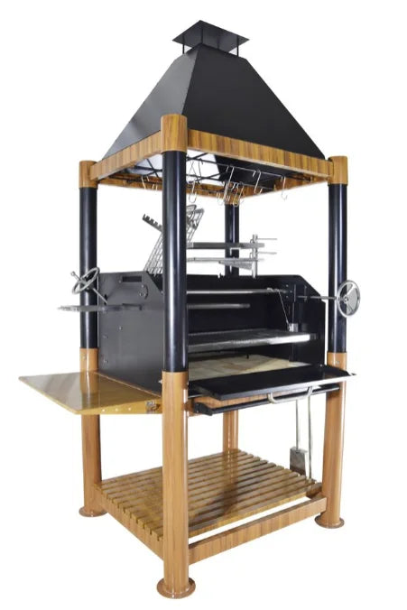 The Tagwood "The Beast" Santa Maria Style Grill - Wood & Black features six cooking zones, including a clamp grill, swivel griddle, warming racks, dual height-adjustable grates, and S-shaped meat hooks, all made from premium 304 stainless steel, atop a heavy-duty black cold-rolled steel frame.