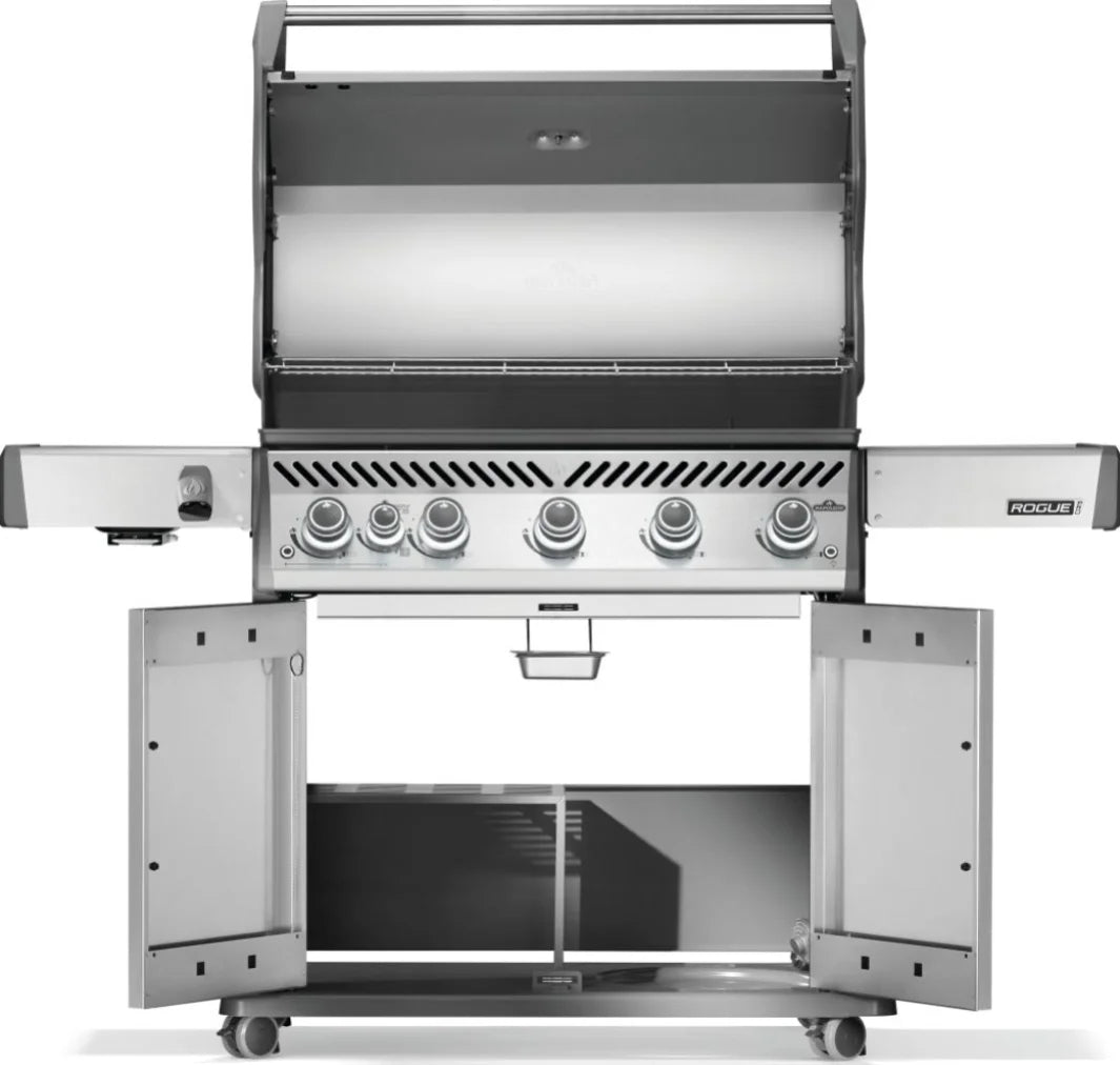 Napoleon Rogue PRO 625 SIB Gas Grill features six stainless steel burners, including an infrared side burner for versatile cooking, durable WAVE cooking grids, and precision heat control in a sleek and sturdy design.