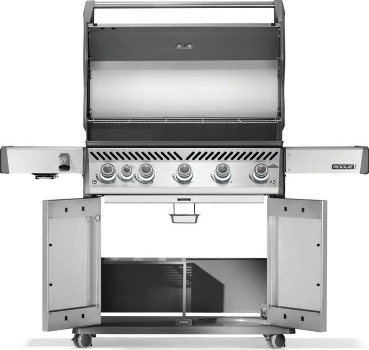 Napoleon Rogue PRO 625 SIB Gas Grill features six stainless steel burners, including an infrared side burner for versatile cooking, durable WAVE cooking grids, and precision heat control in a sleek and sturdy design.