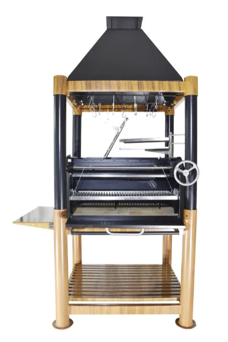 Tagwood "The Beast" Santa Maria Style Grill - Wood & Black featuring heavy-duty black cold-rolled steel body with premium 304 stainless steel cooking surfaces, six distinct zones for gaucho-style grilling and open-fire experience, integrated brasero firebox and firebrick-lined base for consistent performance.