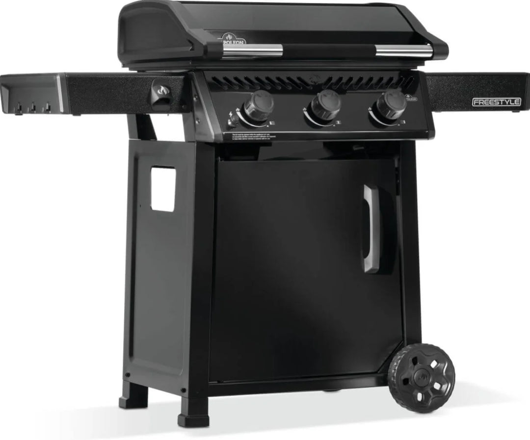 Napoleon 24" Freestyle Non-Stick Griddle with pre-seasoned steel cooktop, 3 main burners, 25,200 BTU heat output and folding side shelves.