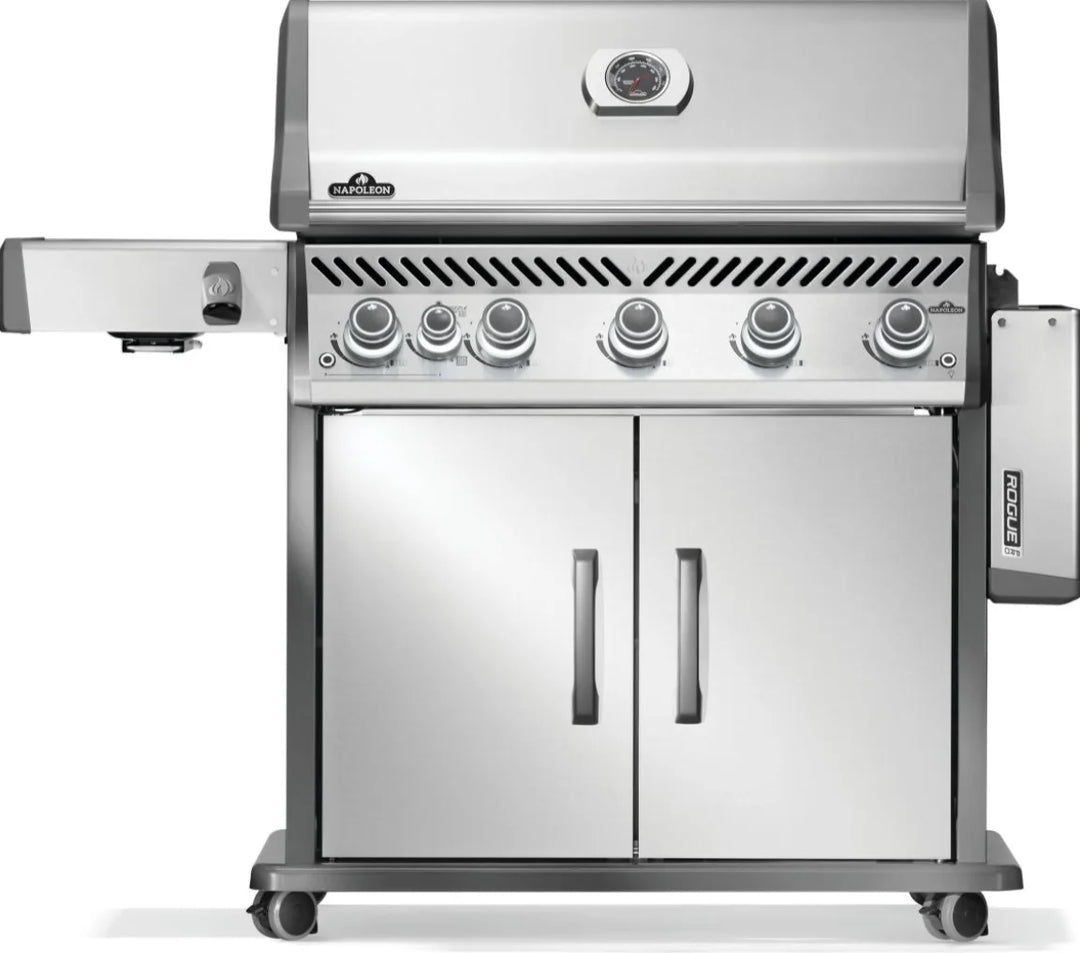 Napoleon Rogue PRO 625 SIB Stainless Steel Propane Gas Grill features six burners, including an infrared side burner, for versatile outdoor cooking, with durable stainless steel finish and WAVE cooking grids for even heat distribution.