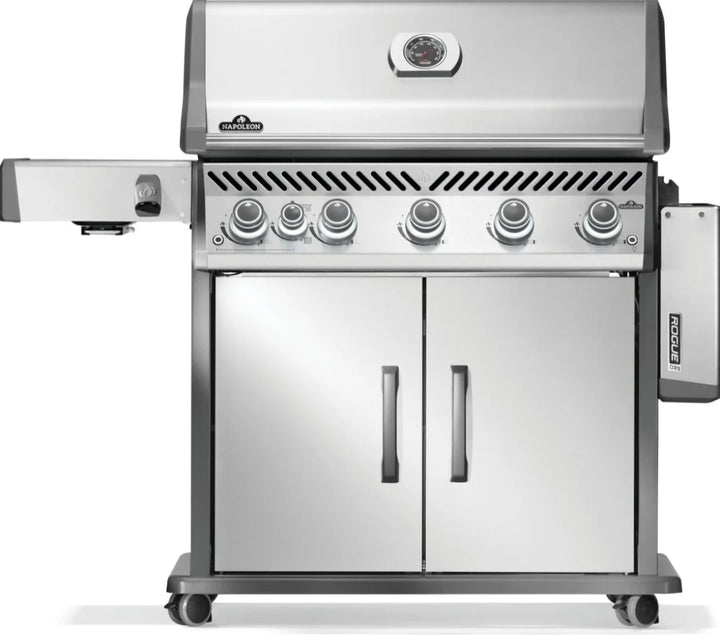 Napoleon Rogue PRO 625 SIB Stainless Steel Propane Gas Grill features six burners, including an infrared side burner, for versatile outdoor cooking, with durable stainless steel finish and WAVE cooking grids for even heat distribution.