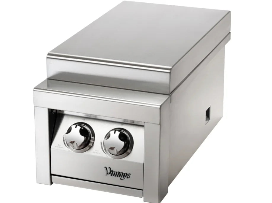 Vintage 13-Inch Double Side Burner, natural gas model, features two independently controlled 17,000 BTU brass burners for precise cooking.