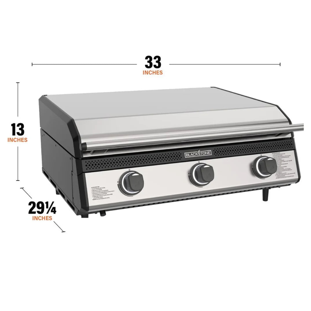 Blackstone 28" Deep Drop-In SS Griddle with Hood - Propane Ready: A 28" propane-ready drop-in griddle featuring advanced heating technology, three independently controlled U-shaped burners, and a protective hood for improved fuel efficiency and surface protection.