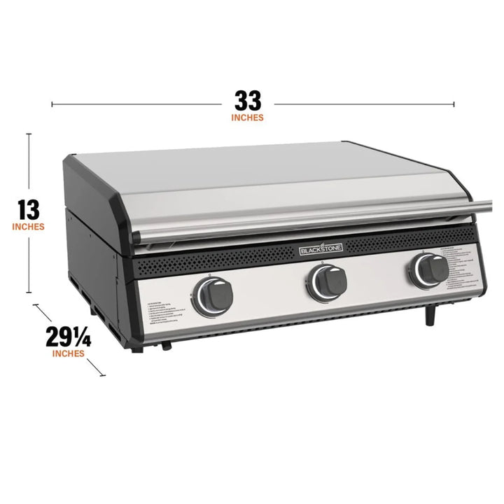 Blackstone 28" Deep Drop-In SS Griddle with Hood - Propane Ready: A 28" propane-ready drop-in griddle featuring advanced heating technology, three independently controlled U-shaped burners, and a protective hood for improved fuel efficiency and surface protection.