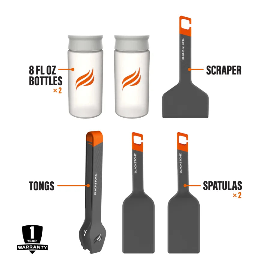 Blackstone OTG Camping Toolkit - all-in-one accessory set for easy cooking and cleanup on-the-go, featuring spatulas, scraper, tongs, and squeeze bottles compatible with coated Blackstone griddles.