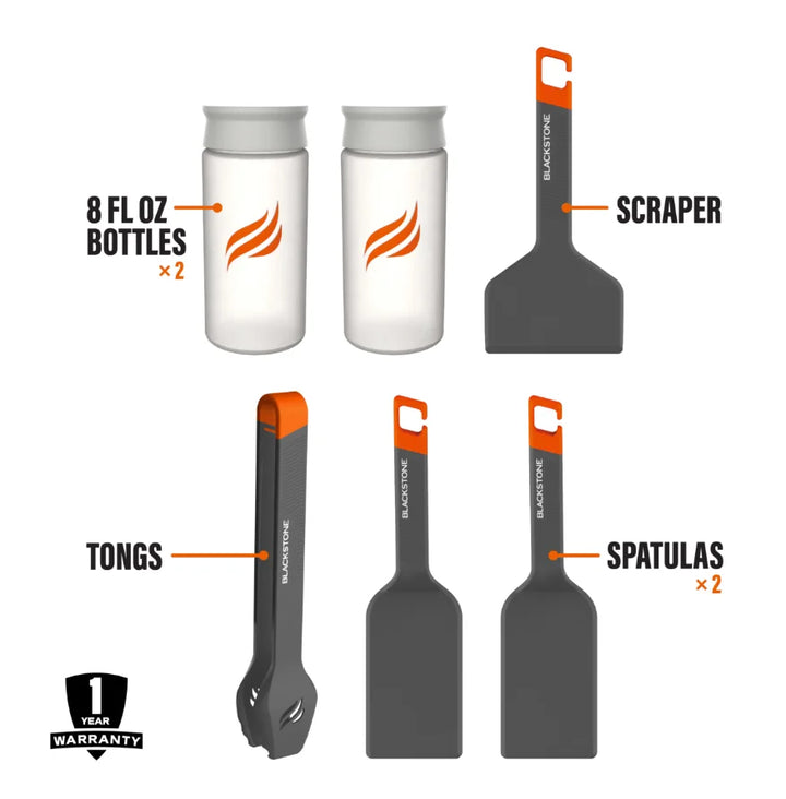 Blackstone OTG Camping Toolkit - all-in-one accessory set for easy cooking and cleanup on-the-go, featuring spatulas, scraper, tongs, and squeeze bottles compatible with coated Blackstone griddles.