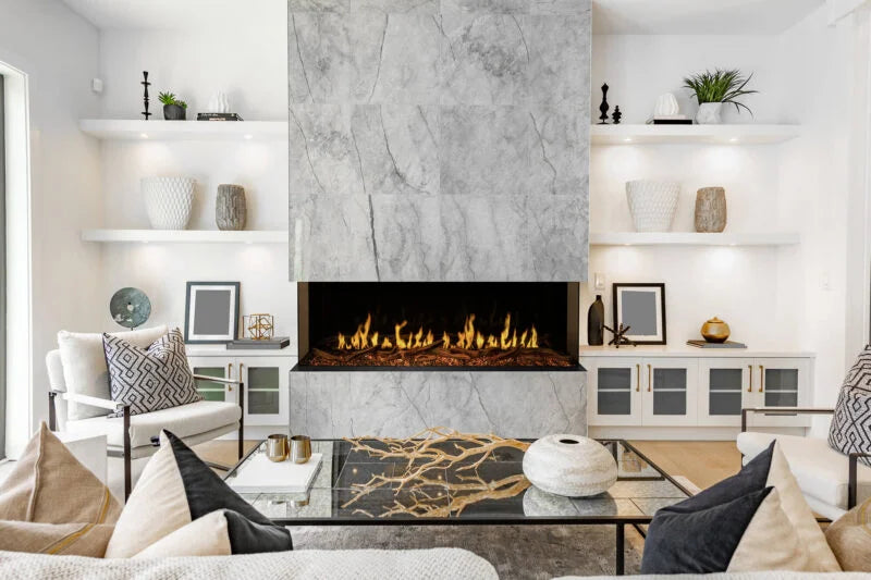 Modern Flames Orion Multi Electric Fireplace, featuring realistic Heliovision flames, adjustable lighting, and customizable sounds, in 52"-120" sizes with various mounting options, including built-in and wall-mounted designs, and smart control via WiFi or handheld remote.