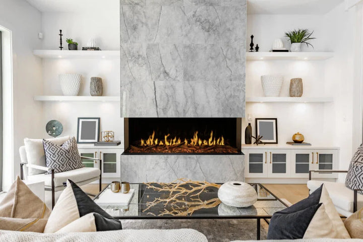 Modern Flames Orion Multi Electric Fireplace, featuring realistic Heliovision flames, adjustable lighting, and customizable sounds, in 52"-120" sizes with various mounting options, including built-in and wall-mounted designs, and smart control via WiFi or handheld remote.