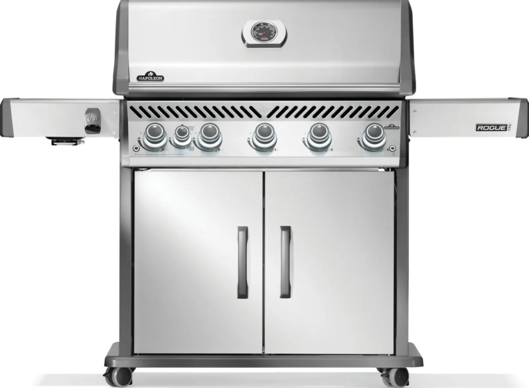 Napoleon Rogue PRO 625 SIB stainless steel propane gas grill with infrared side burner and WAVE cooking grids for even heat distribution and perfect sear marks.