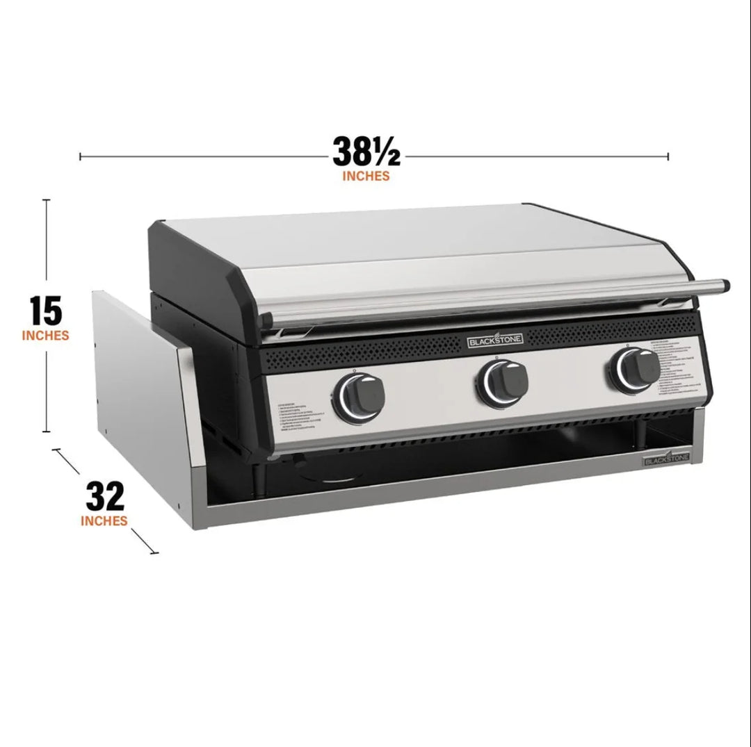 Blackstone 28” Deep Drop-In Griddle with Hood and Insulating Jacket: 38.5” wide stainless steel griddle with three independently controlled burners, hood, and insulation jacket for safe outdoor installation.