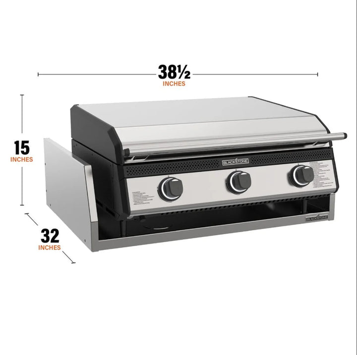 Blackstone 28” Deep Drop-In Griddle with Hood and Insulating Jacket: 38.5” wide stainless steel griddle with three independently controlled burners, hood, and insulation jacket for safe outdoor installation.