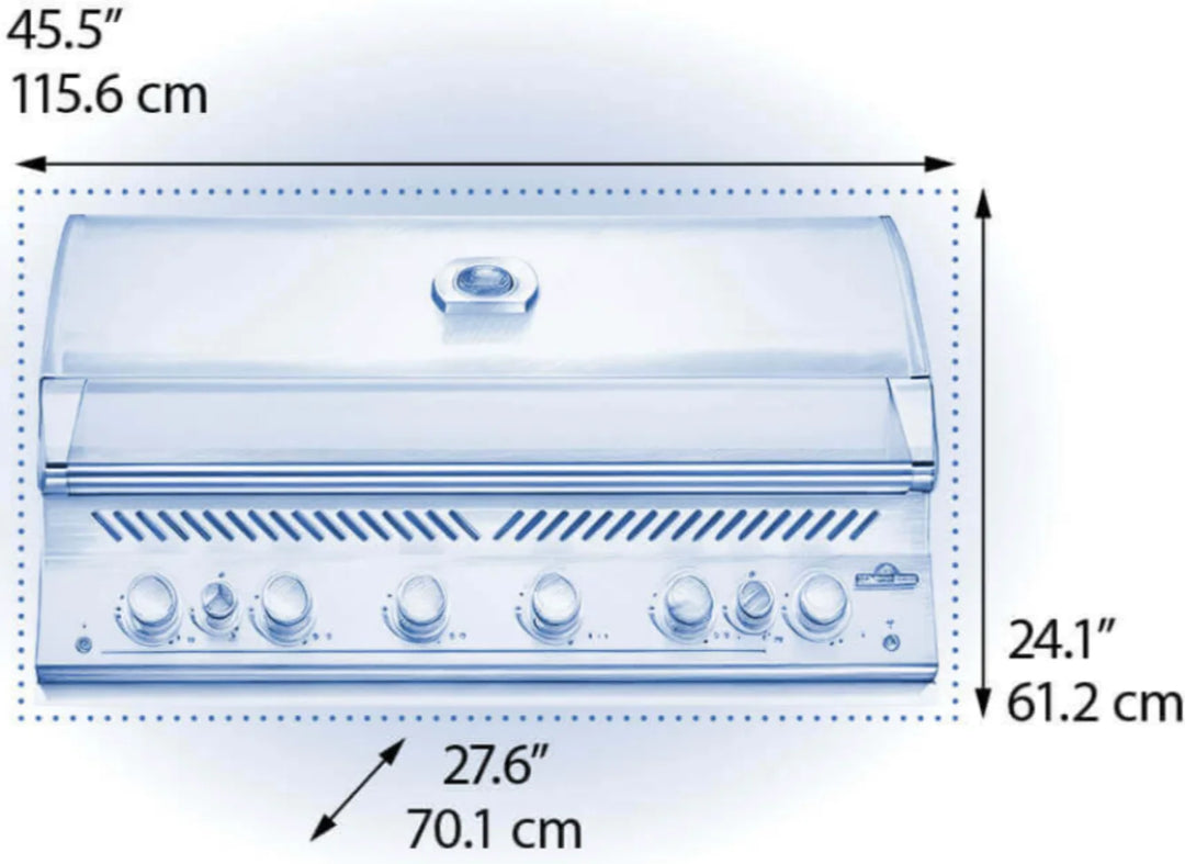 Napoleon Built-In 700 Series 44" gas grill, featuring 108,000 BTUs of power from six stainless steel main burners and dual rear infrared rotisserie burners with precision temperature control and innovative grease management.
