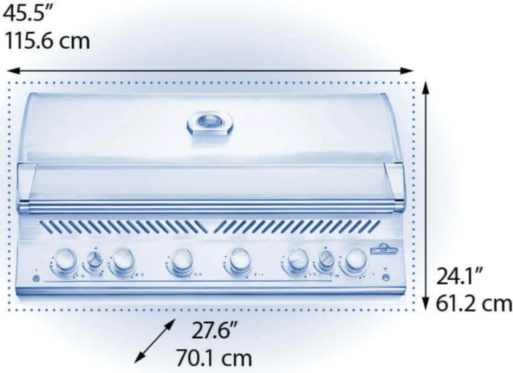 Napoleon Built-In 700 Series 44" gas grill, featuring 108,000 BTUs of power from six stainless steel main burners and dual rear infrared rotisserie burners with precision temperature control and innovative grease management.