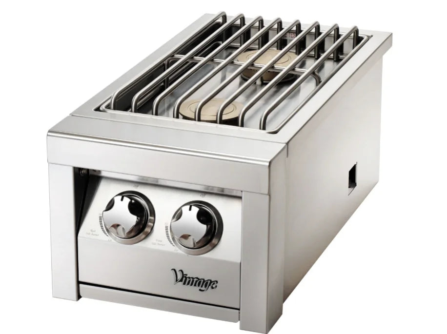 Vintage 13-Inch Double Side Burner for outdoor kitchens features two 17,000 BTU brass burners with 34,000 total BTUs, wind-protected design and heavy-duty stainless steel grates.
