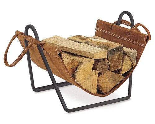Pilgrim Traditions Log Holder - Matte Black featuring soft suede log carrier and sturdy black steel frame for convenient and stylish fireplace storage.