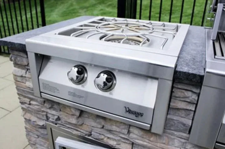 Vintage 24-Inch Power Maxx Burner - Close-up of premium stainless steel dual-ring burner with independently controlled brass and stainless steel burners, showcasing its heavy-duty construction and precise cooking capabilities.