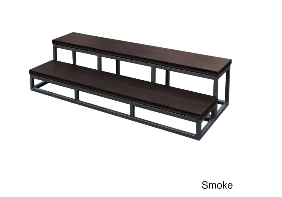 Cal Metro 2-Tier Spa Step features a wide, two-level design for safer spa entry/exit, constructed from durable moisture-resistant plastic and metal materials in Mahogany, Grey or Smoke colors, with mounting hardware included for assembly.