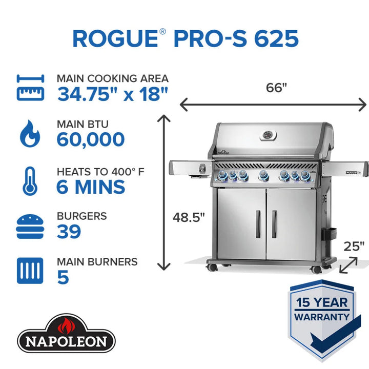 Napoleon Rogue PRO-S 625 RSIB grill features stainless steel construction, seven burners including infrared side and rear burners for searing and rotisserie cooking.