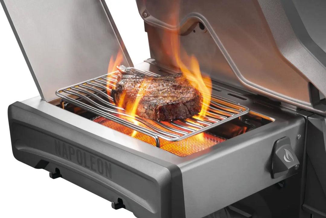 Napoleon Rogue PRO 625 SIB with Infrared Side Burner: Sleek stainless steel grill with six burners including an integrated infrared side burner for exceptional cooking performance and versatility.