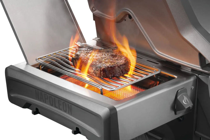 Napoleon Rogue PRO 625 SIB with Infrared Side Burner: Sleek stainless steel grill with six burners including an integrated infrared side burner for exceptional cooking performance and versatility.