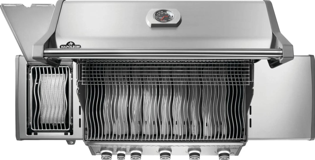 Napoleon Rogue PRO 625 SIB with Infrared Side Burner stainless steel propane gas grill features six burners, including infrared sear station for high-temperature cooking and WAVE cooking grids for even heat distribution.