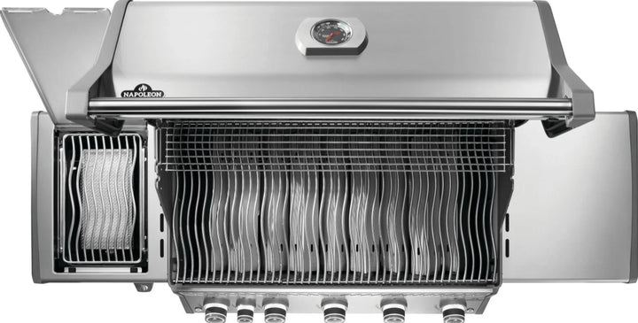 Napoleon Rogue PRO 625 SIB with Infrared Side Burner stainless steel propane gas grill features six burners, including infrared sear station for high-temperature cooking and WAVE cooking grids for even heat distribution.