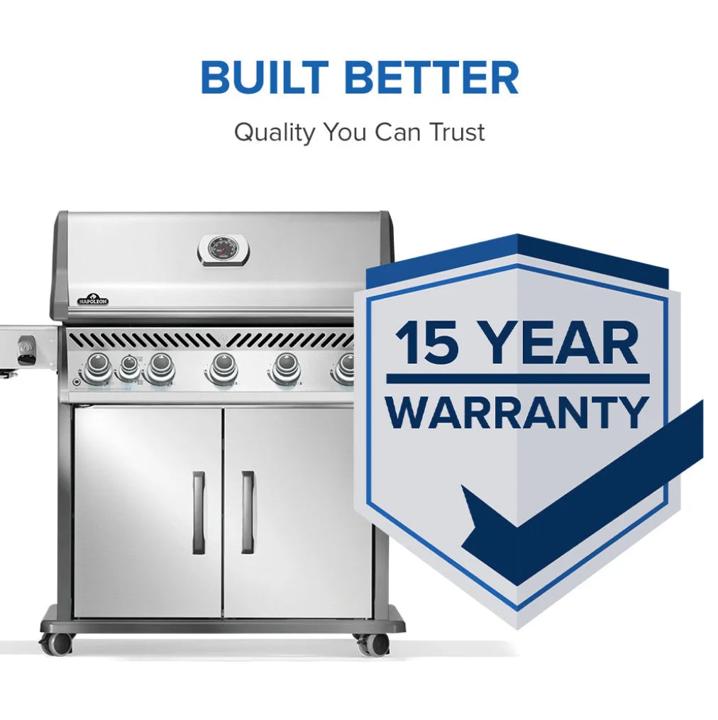 Napoleon Rogue PRO 625 SIB stainless steel propane gas grill with six burners, infrared side burner, and iconic WAVE cooking grids for even heat distribution and perfect sear marks.