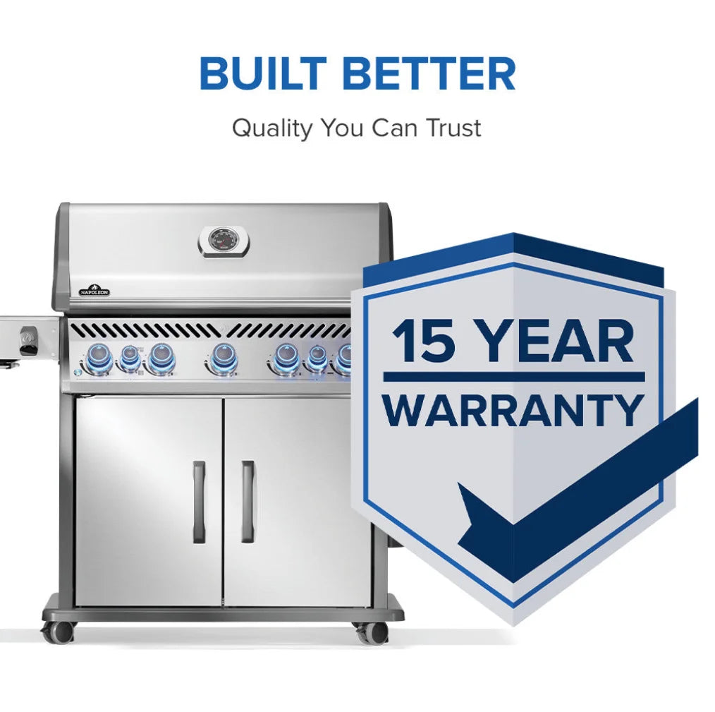 Napoleon Rogue PRO-S 625 RSIB with Infrared Side and Rear Burner: A high-performance stainless steel grill featuring seven burners, including SIZZLE ZONE infrared side burner and rear rotisserie burner for professional-grade cooking results.
