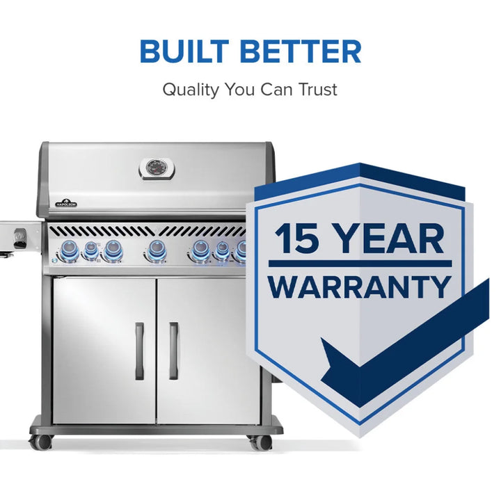 Napoleon Rogue PRO-S 625 RSIB with Infrared Side and Rear Burner: A high-performance stainless steel grill featuring seven burners, including SIZZLE ZONE infrared side burner and rear rotisserie burner for professional-grade cooking results.