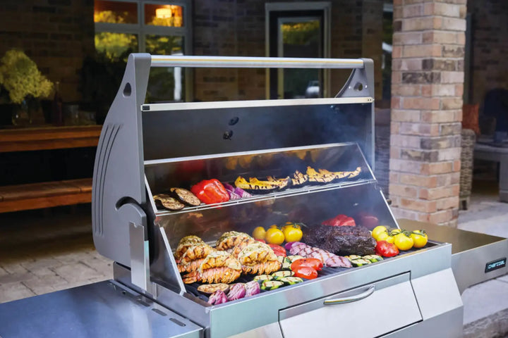 Napoleon Professional 605 Charcoal Cart: Durable stainless steel charcoal grill with front-loading access, adjustable charcoal bed, sliding air vents, and large cooking area featuring Napoleon's signature WAVE cooking grids for iconic sear marks.