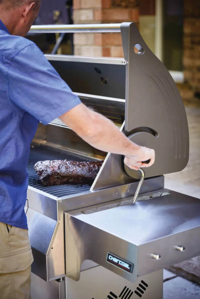 Napoleon Professional 605 Charcoal Cart, stainless steel construction, large cooking area for up to 37 burgers, adjustable charcoal bed, sliding air vents, rear rotisserie burner.